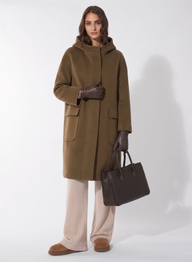 Tobacco colour pure wool hooded parka with patch pockets