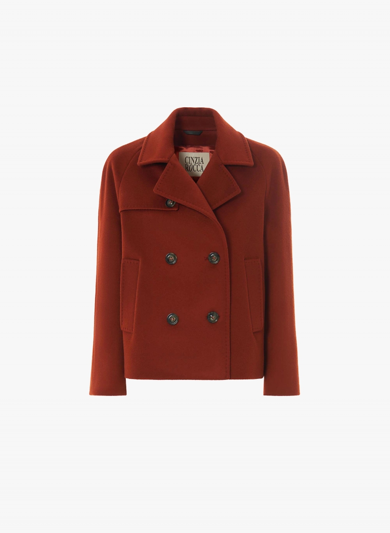 Terracotta colour pure wool short coat with shirt collar and trench style flap