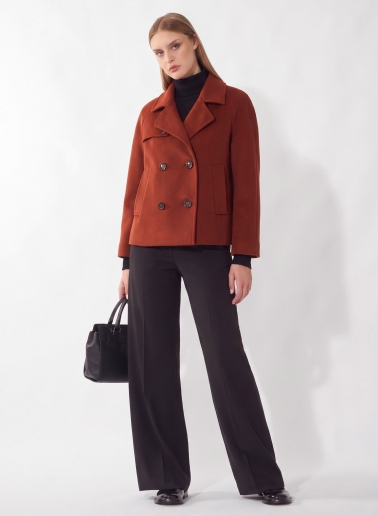 Terracotta colour pure wool short coat with shirt collar and trench style flap