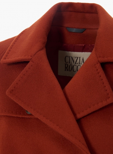Terracotta colour pure wool short coat with shirt collar and trench style flap