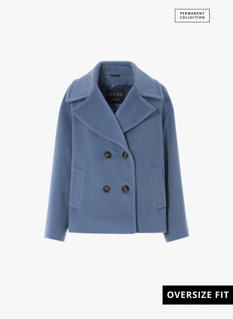 Short oversized light blue coat in pure wool with maxi notch collar