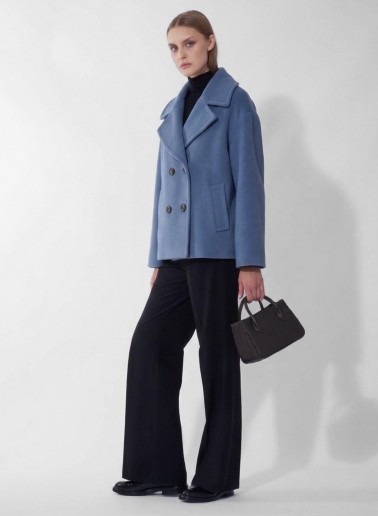 Short oversized light blue coat in pure wool with maxi notch collar
