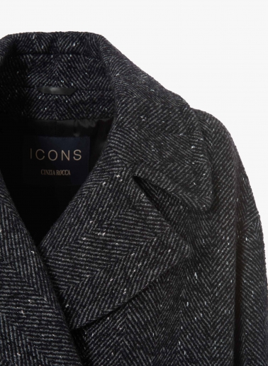 Short oversized black coat with maxi notch collar and lurex micro pattern