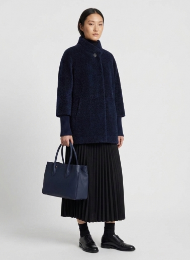 Blue wool and alpaca short coat with knitted cuffs