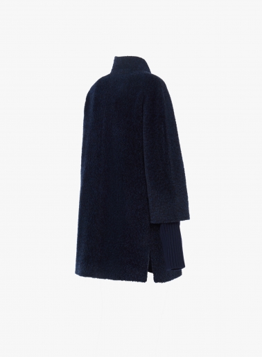 Blue wool and alpaca short coat with knitted cuffs