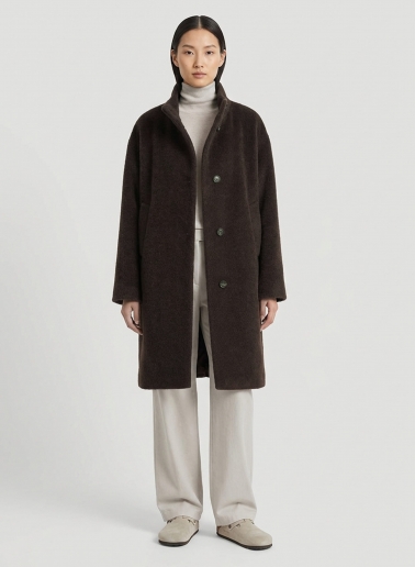 Brown alpaca and wool coat with high asymmetrical collar