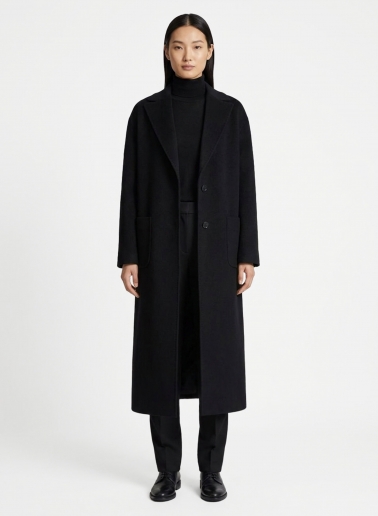 Maxi oversized black wool coat with patch pockets