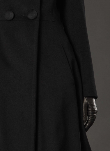 Long black pure wool frock coat with high drape collar