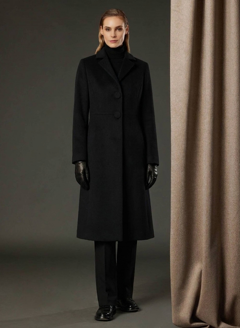 Long single breasted black pure wool frock coat