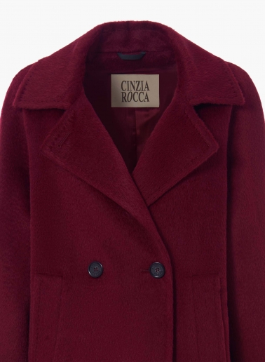 Burgundy alpaca and wool short coat with maxi dual use notch collar