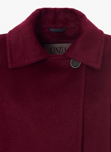Burgundy alpaca and wool short coat with maxi dual use notch collar
