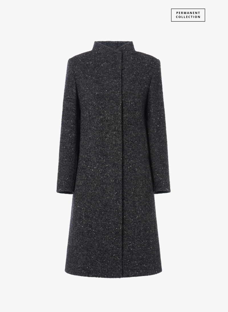 Brown coat with lurex micro pattern and high stand up collar