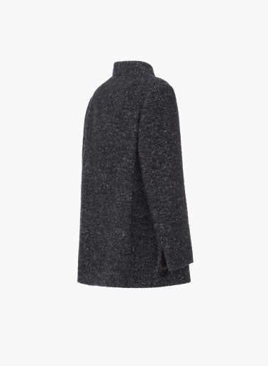Short black coat with lurex micro pattern and high stand up collar