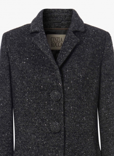 Long single breasted black frock coat with lurex micro pattern