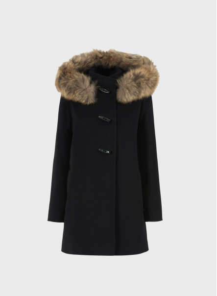 Wool and cashmere black hooded duffle coat