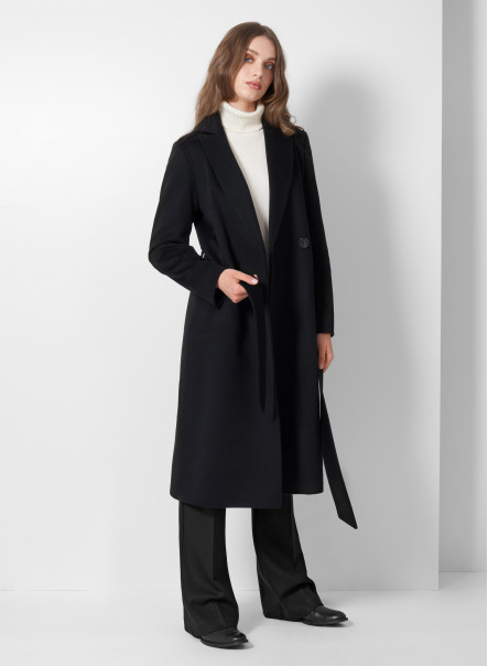 Bindegürtel-Mantel aus Wolle in Schwarz