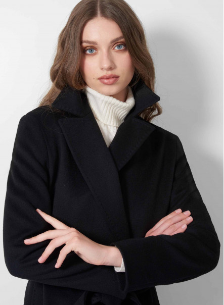 Bindegürtel-Mantel aus Wolle in Schwarz