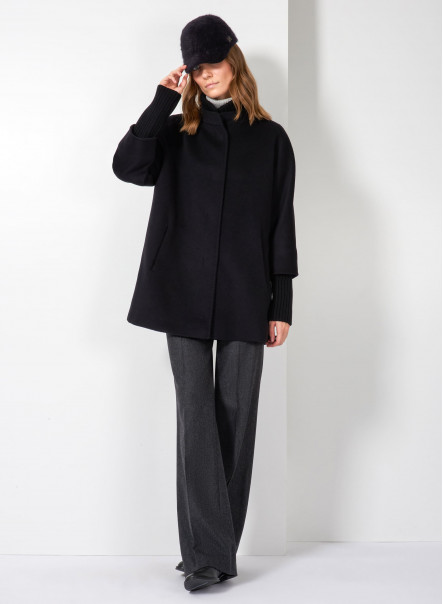 Short black wool coat with knit details