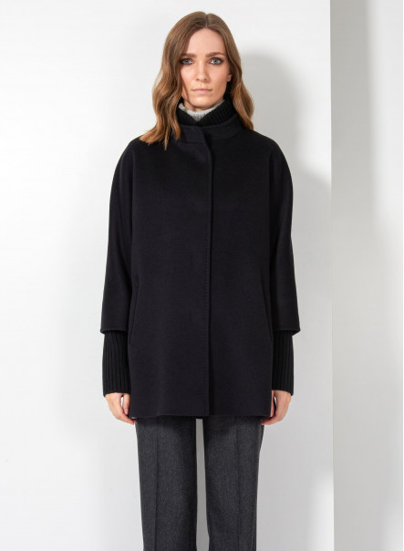 Short black wool coat with knit details