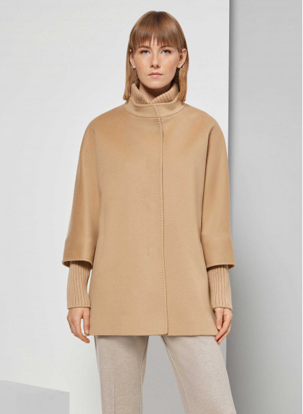 Short camel wool coat with knit details