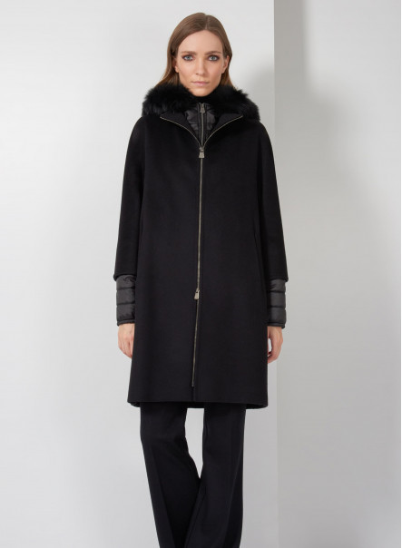 Black wool hooded parka with nylon details