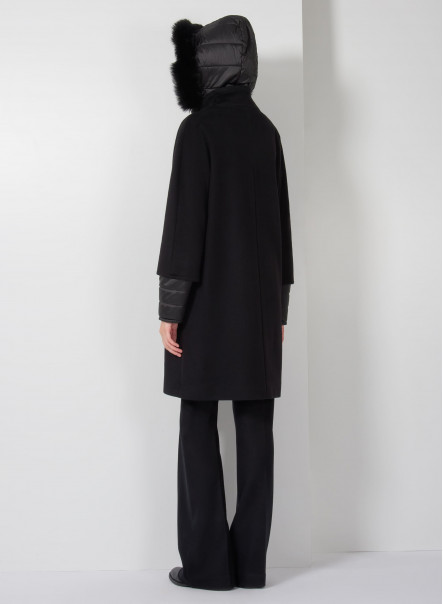 Black wool hooded parka with nylon details