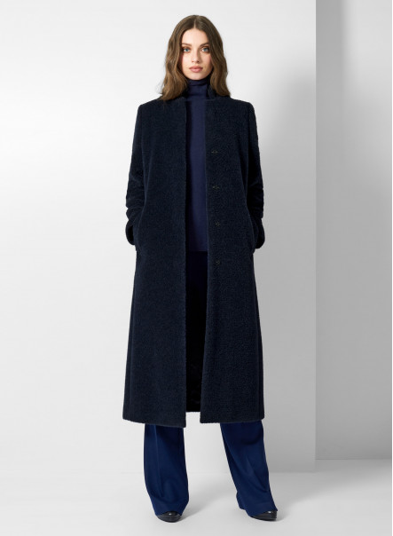 Langer Mantel aus Alpaka und Wolle mit umklappbarem Reverskragen in Blau