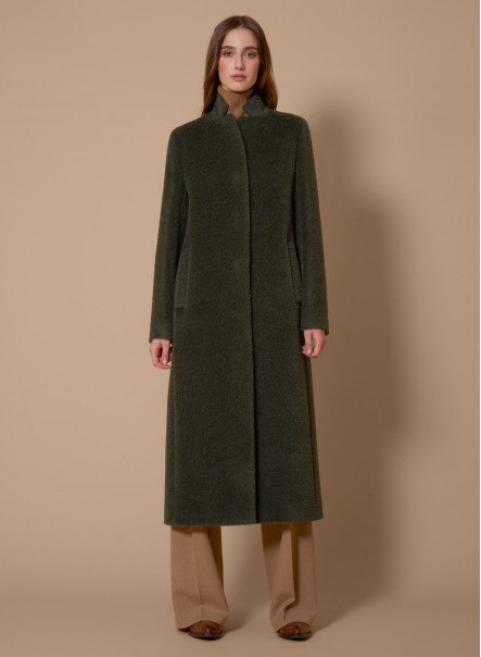 Long green wool and alpaca coat with inverted notch collar