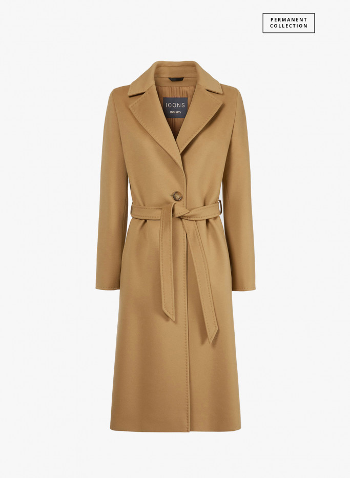 Camel color wool belted coat with notch collar