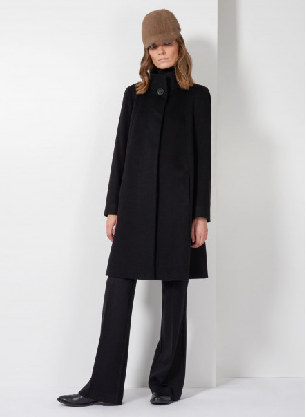Flared black pure cashmere coat