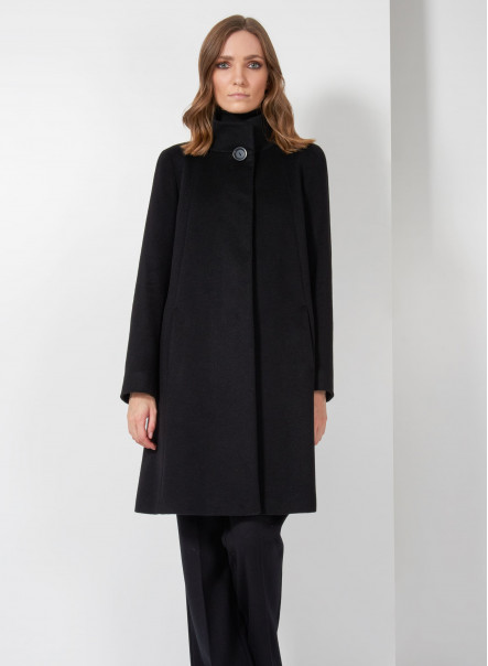 Flared black pure cashmere coat