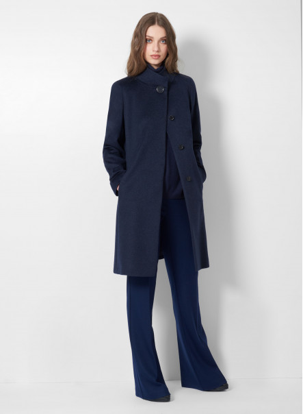 Flared blue pure cashmere coat