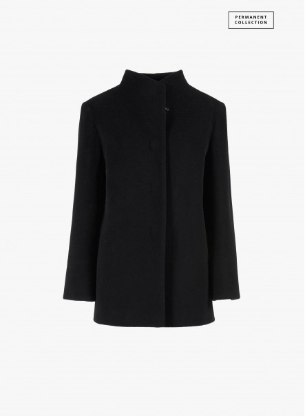Black wool and cashmere short coat with high stand up collar