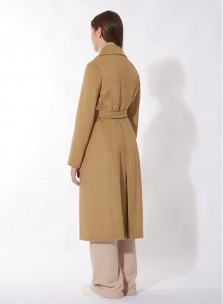 Belted camel pure cashmere coat with notch collar