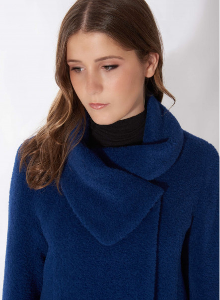 Cornflower blue wool and alpaca coat with crossover collar