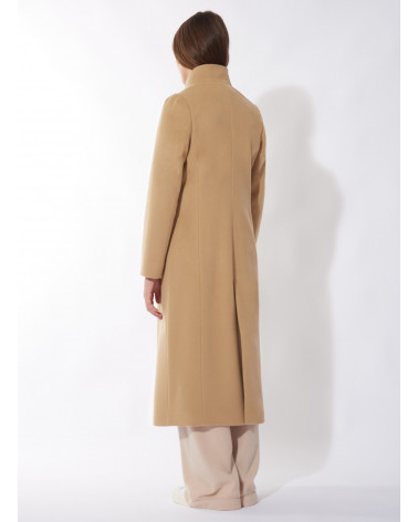 Long wool camel coat with detachable nylon bib