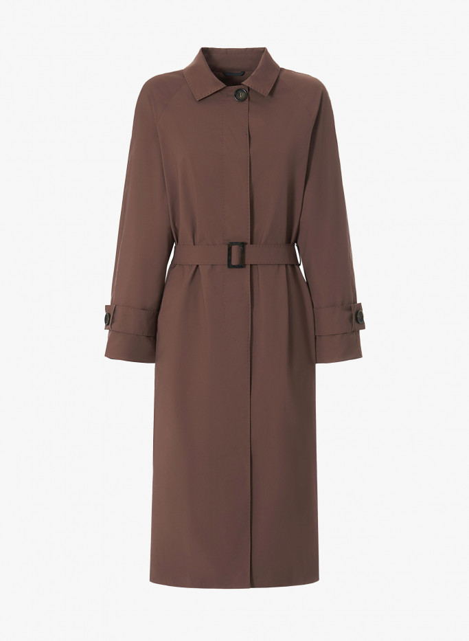 Maxi brown overcoat in rainproof technical fabric