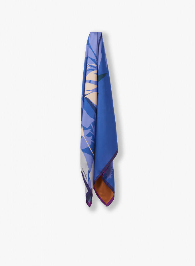 Double face blue twill silk scarf with tropical pattern