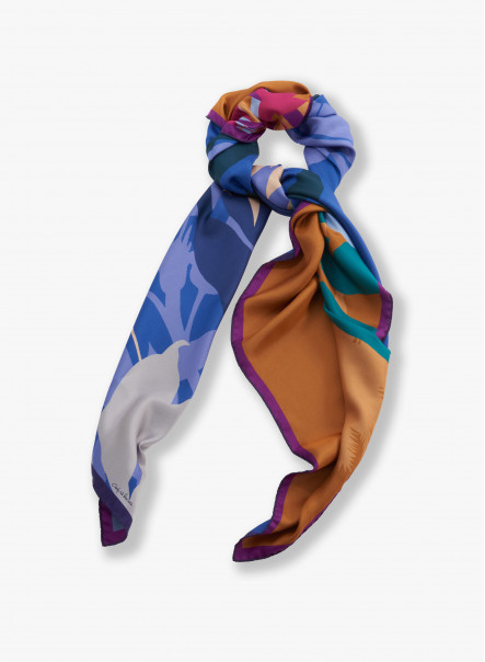 Double face blue twill silk scarf with tropical pattern