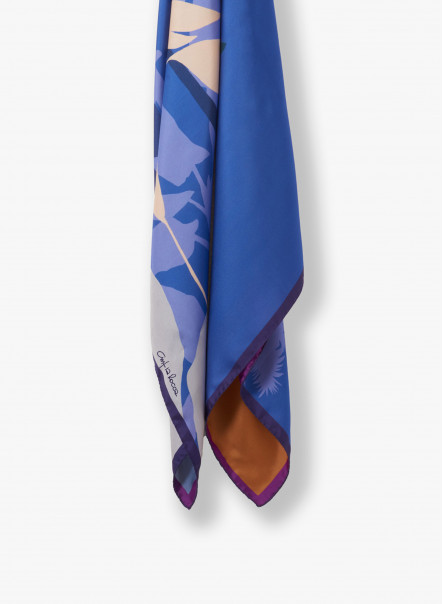Double face blue twill silk scarf with tropical pattern