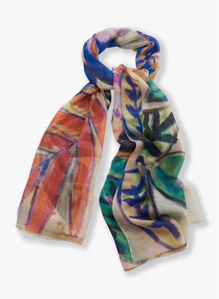 Maxi orange pure silk scarf with floral pattern
