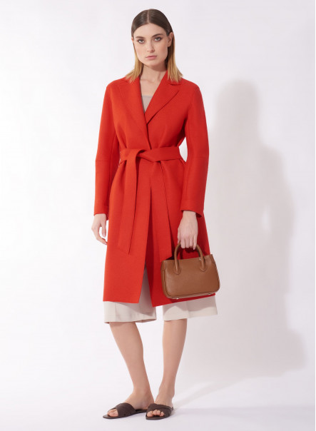 Belted coral color boiled wool overcoat