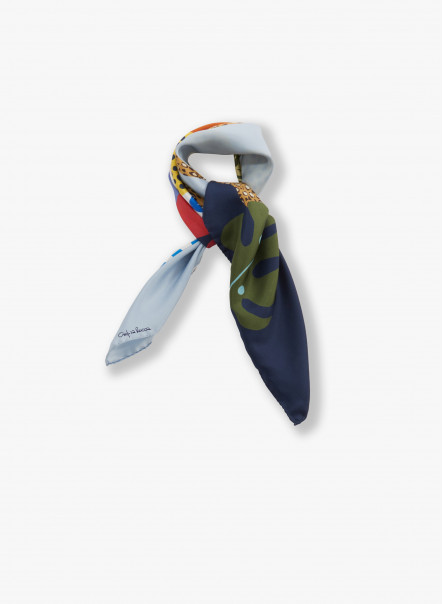 Blue twill silk scarf with stylized jaguard