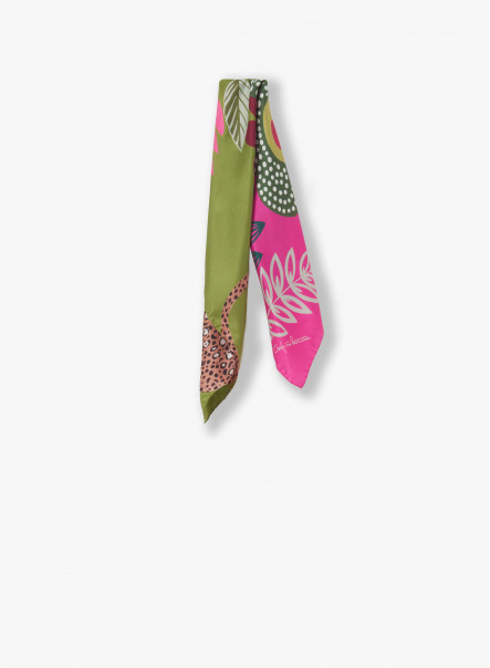Green twill silk scarf with stylized jaguard