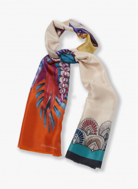 Orange pure silk scarf with abstract nature pattern