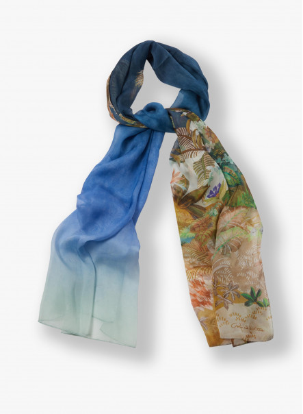 Blue pure silk scarf with tropical pattern