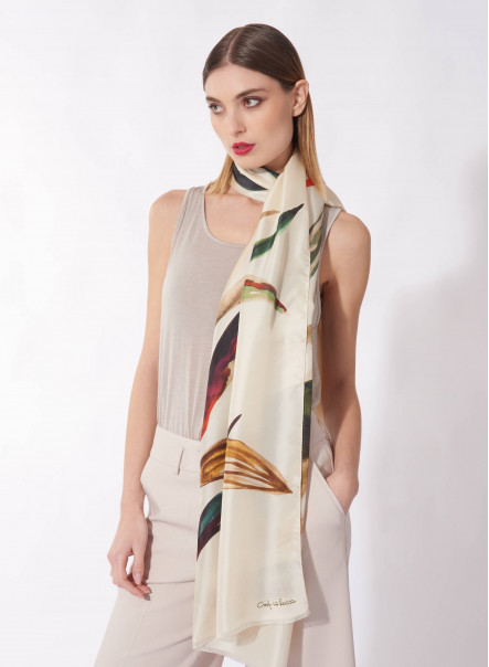 Beige twill silk scarf with stylized plant pattern
