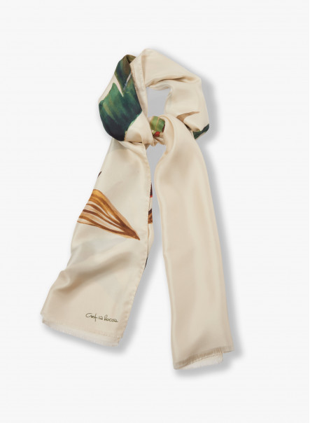 Beige twill silk scarf with stylized plant pattern