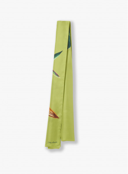 Green twill silk scarf with stylized plant pattern