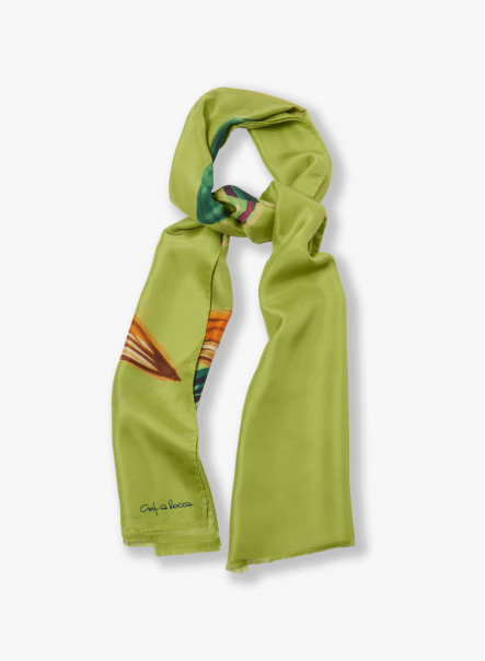 Green twill silk scarf with stylized plant pattern